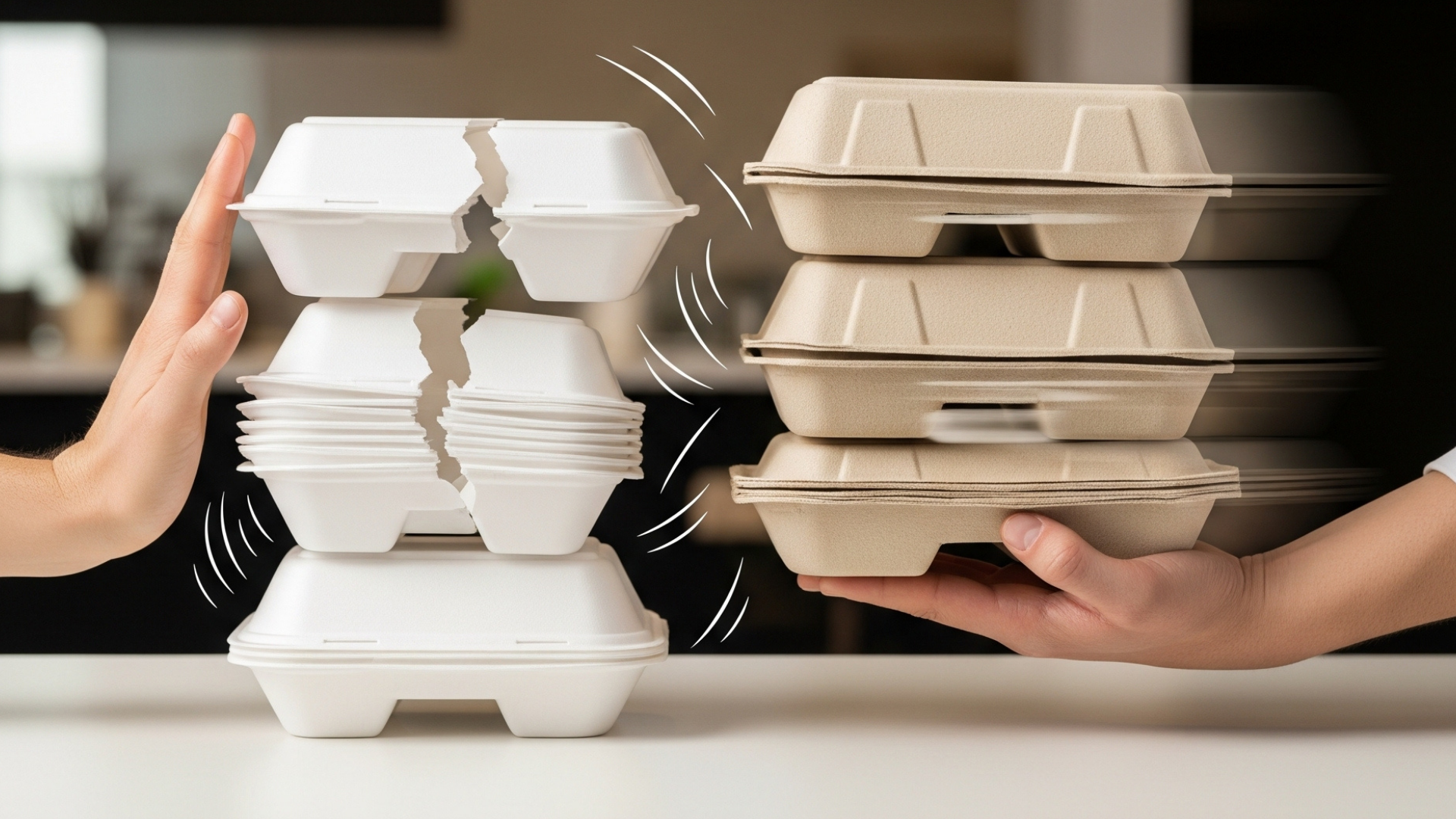 Person rejecting a stack of white foam takeout containers while presenting eco-friendly molded fiber packaging.