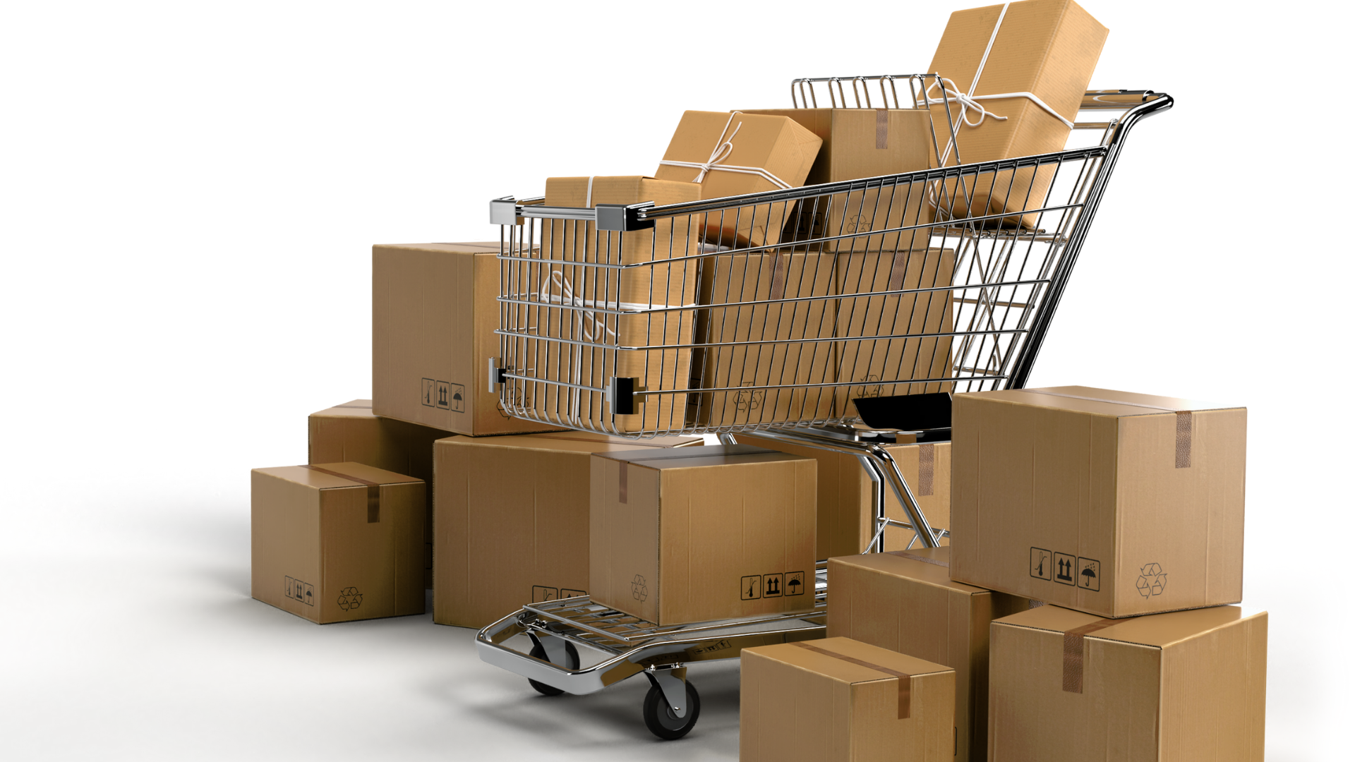Shopping cart filled with cardboard boxes surrounded by stacked shipping cartons, symbolizing excess packaging in logistics.