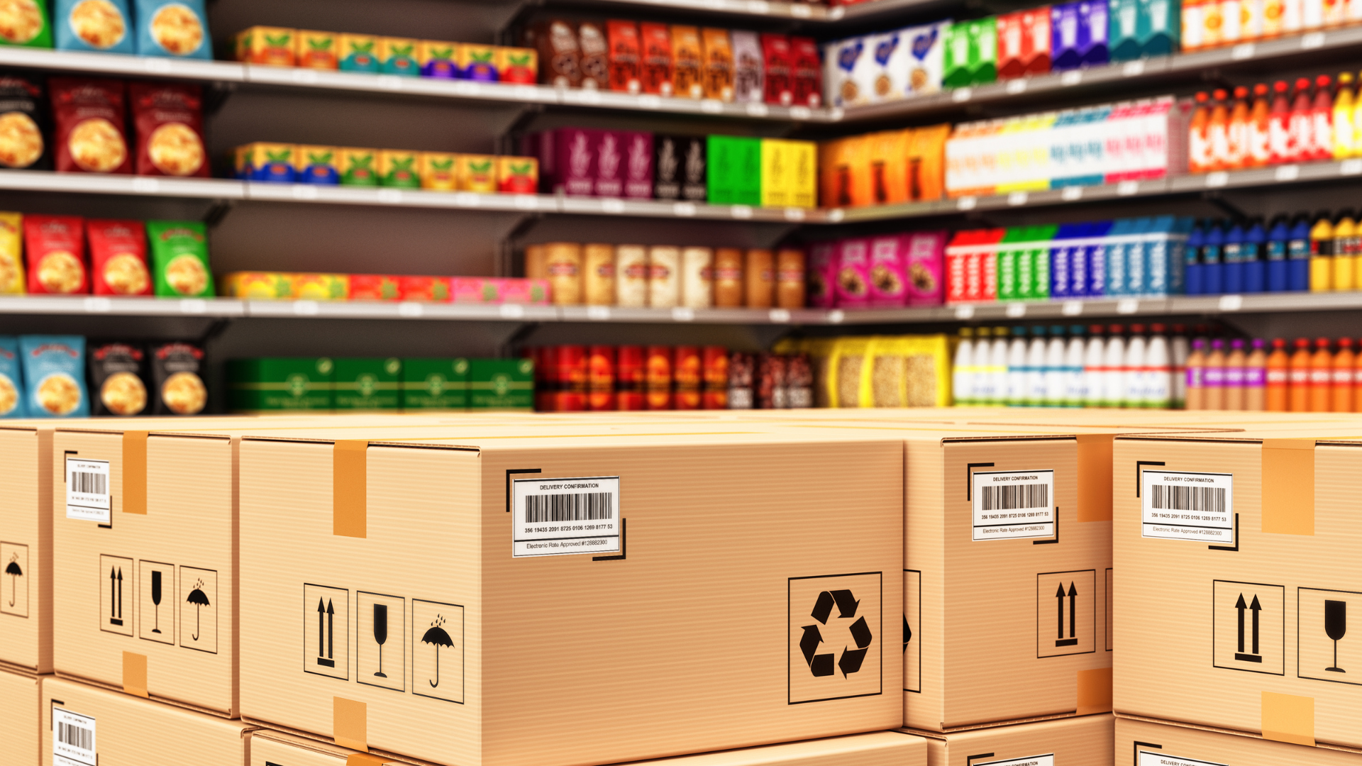 Industrial shipping boxes in a retail store aisle, illustrating the difference between retail packaging and industrial packaging environments.