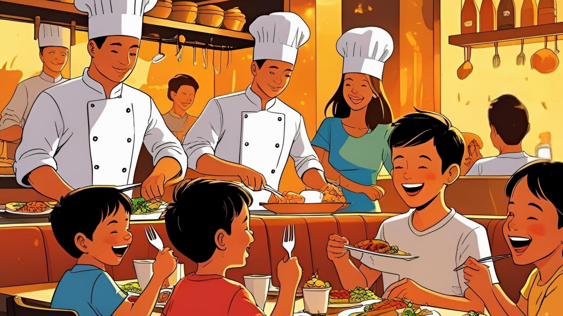 Happy children eating takeout meals in a quick-service restaurant served by chefs in a family-friendly dining environment.