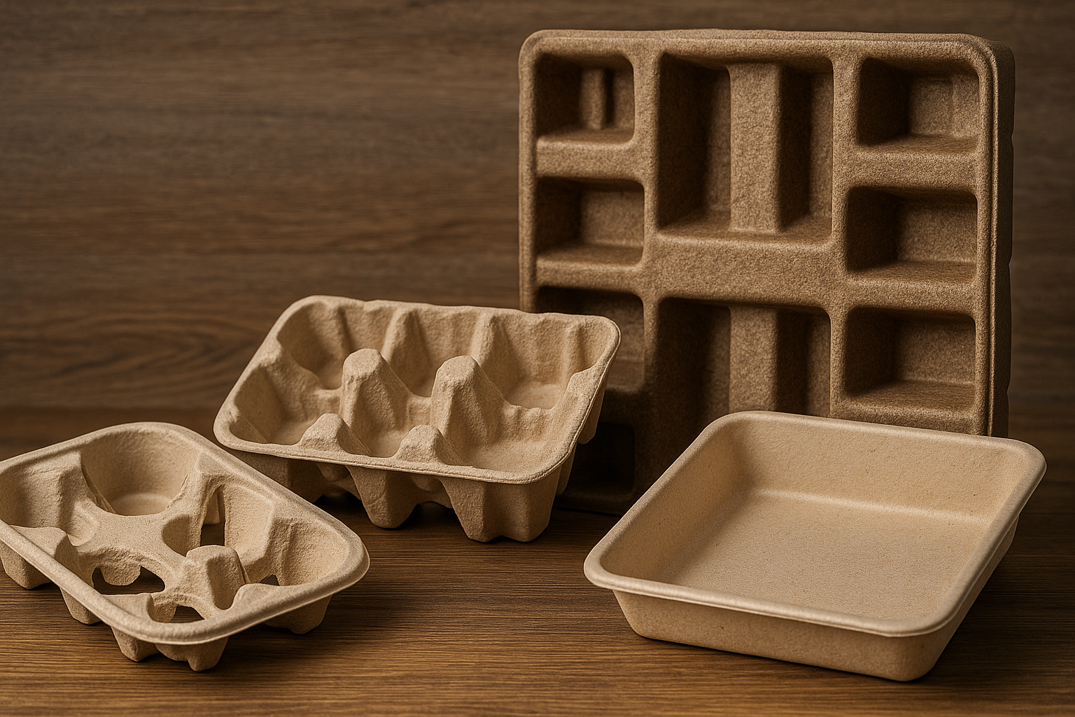 Molded pulp and molded fiber packaging side by side, including egg cartons, trays, and an industrial fiber pallet, displayed on a wooden surface.