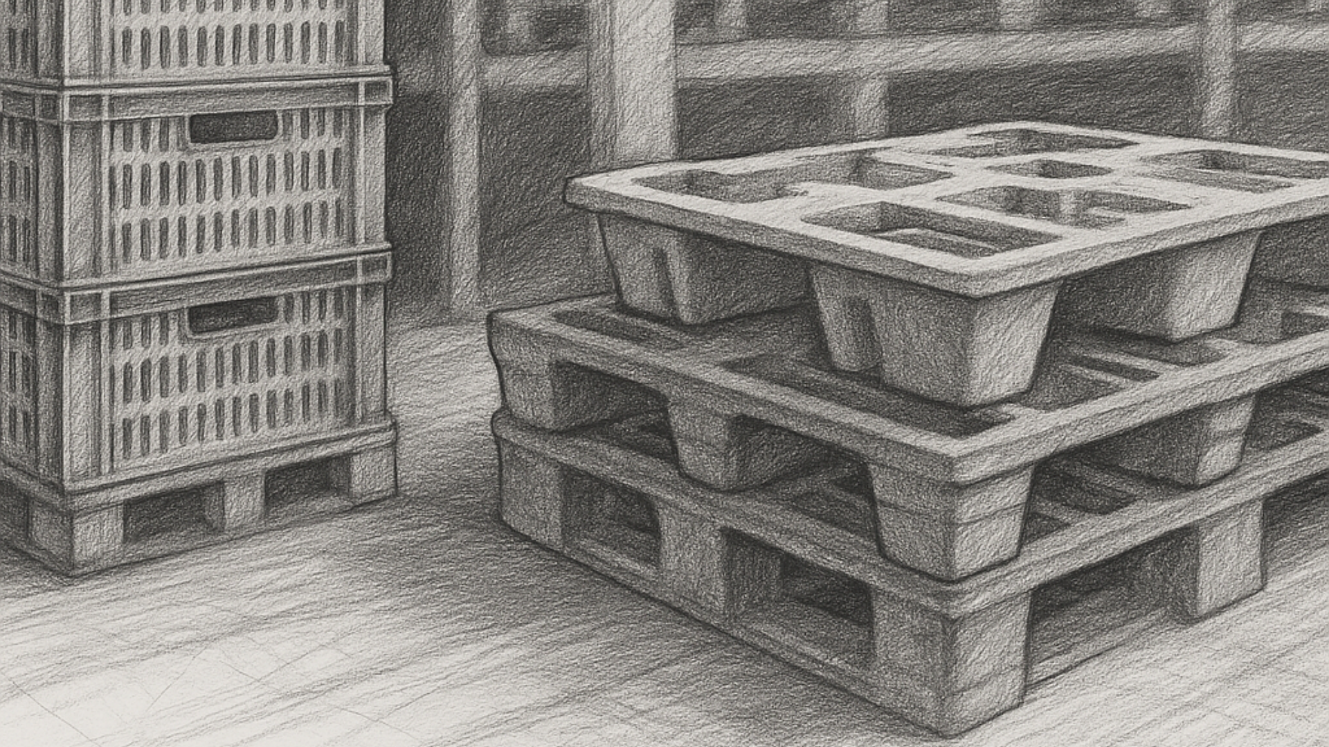 Pencil sketch of stacked reusable crates and molded fiber pallets in a warehouse.