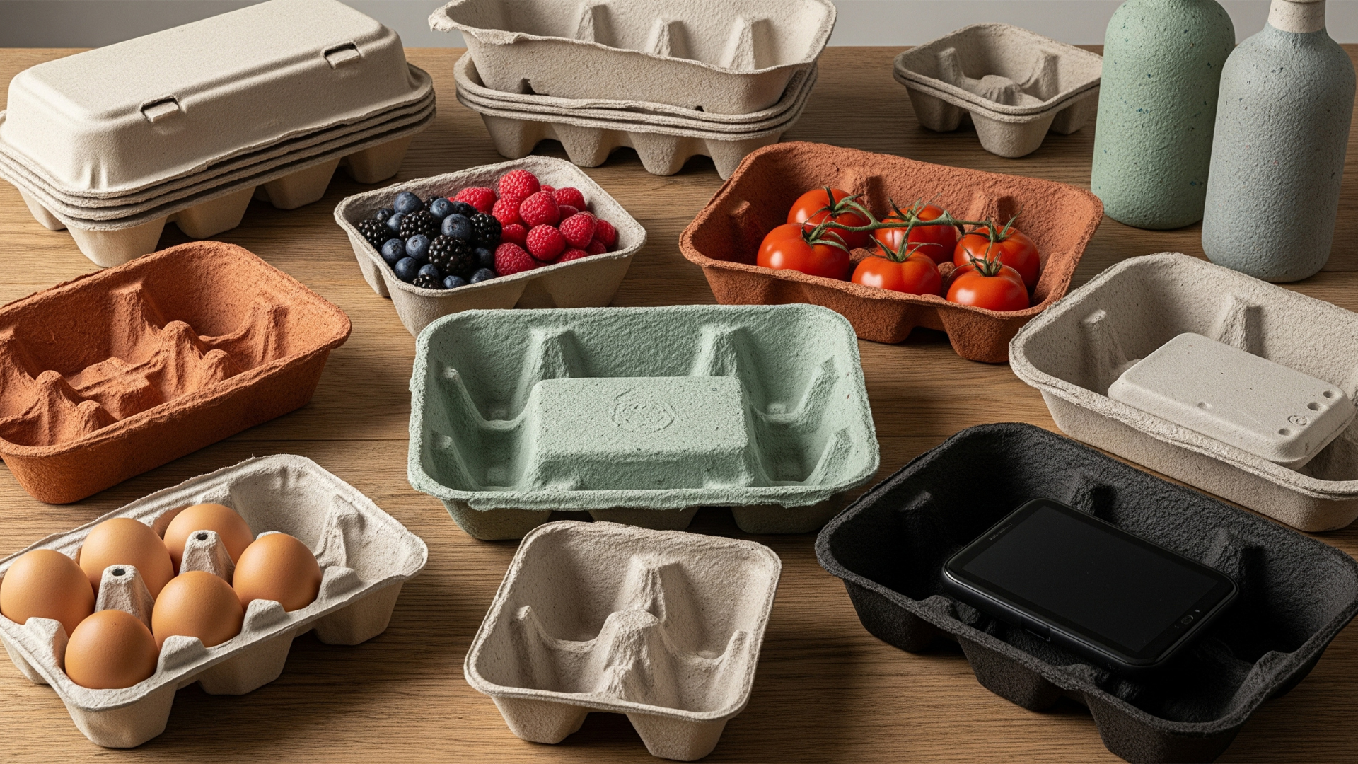 Molded fiber pulp trays and containers holding eggs, tomatoes, berries, and packaged goods as sustainable alternatives to plastic packaging.