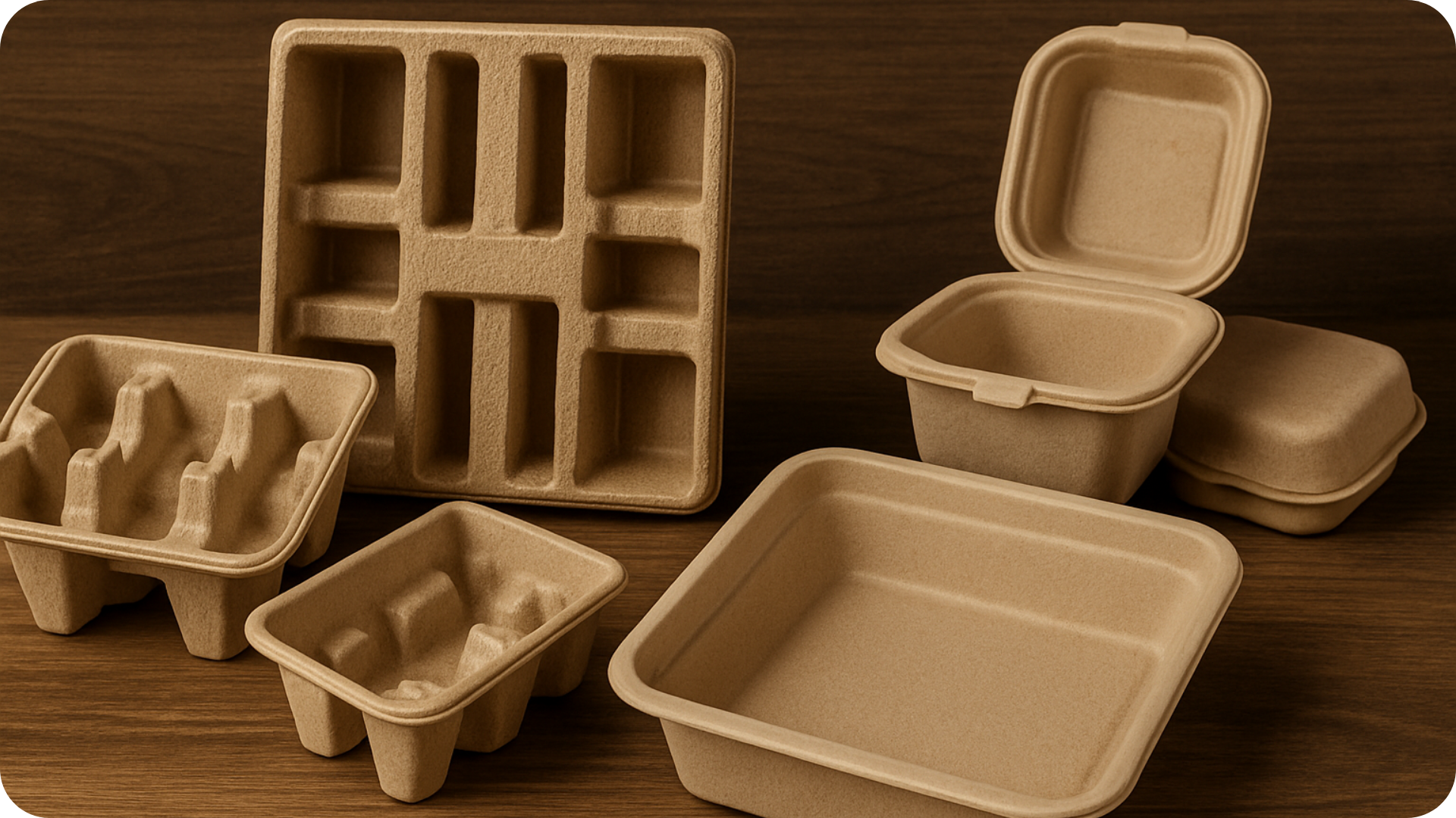 Assorted molded fiber pulp packaging products including trays, clamshells, and protective inserts displayed on a wooden surface.