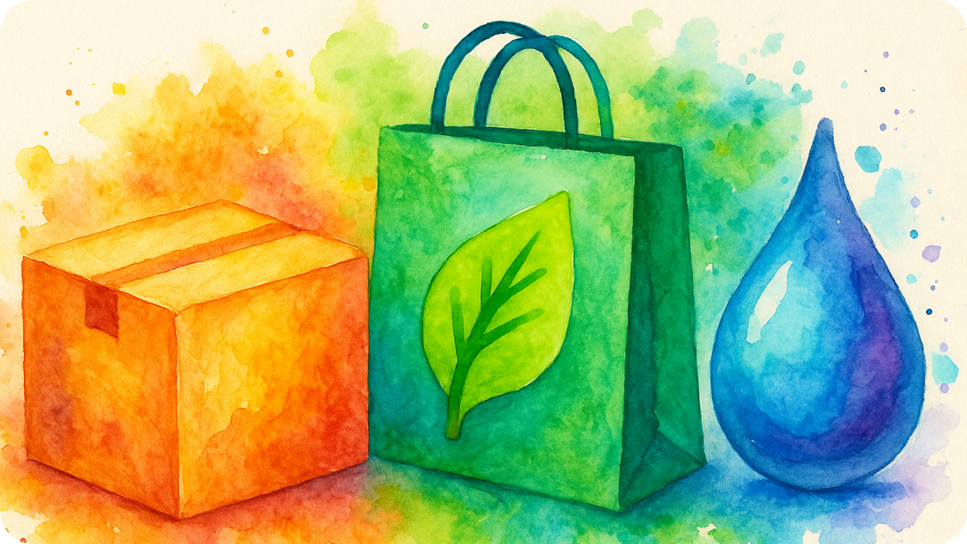 Watercolor illustration of eco-friendly packaging, including a green paper bag with a leaf symbol, a cardboard box, and a blue water droplet, painted in vibrant colors.
