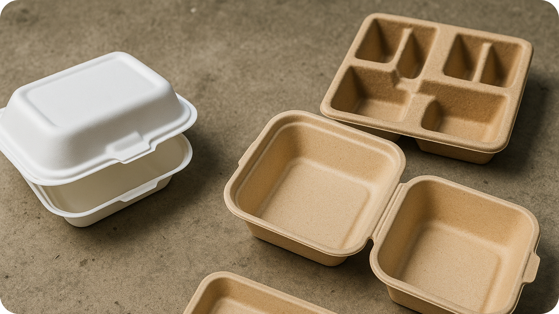 Discarded white Styrofoam clamshell container beside eco-friendly molded fiber and bagasse containers.