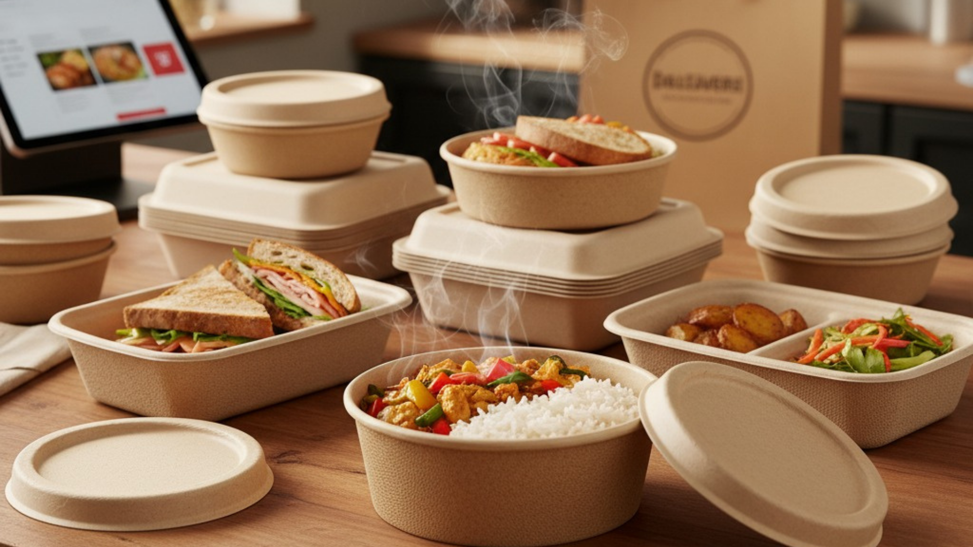 Bagasse food containers filled with hot meals, sandwiches, and salads on a restaurant counter, showcasing compostable delivery packaging.
