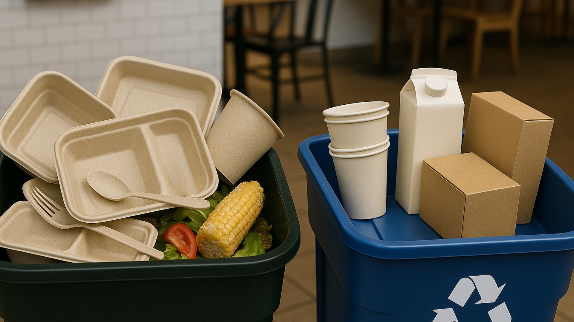 Two bins in a café setting: compost bin with molded fiber trays, cups, and cutlery mixed with food scraps; recycling bin with clean paper cups, carton, and boxes.