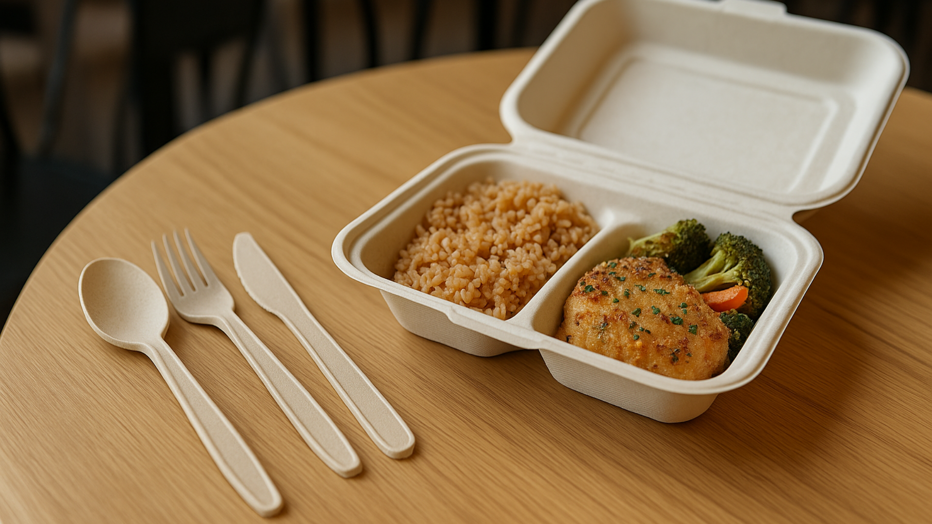 Realistic restaurant table with compostable molded fiber cutlery placed next to a takeout container with food.