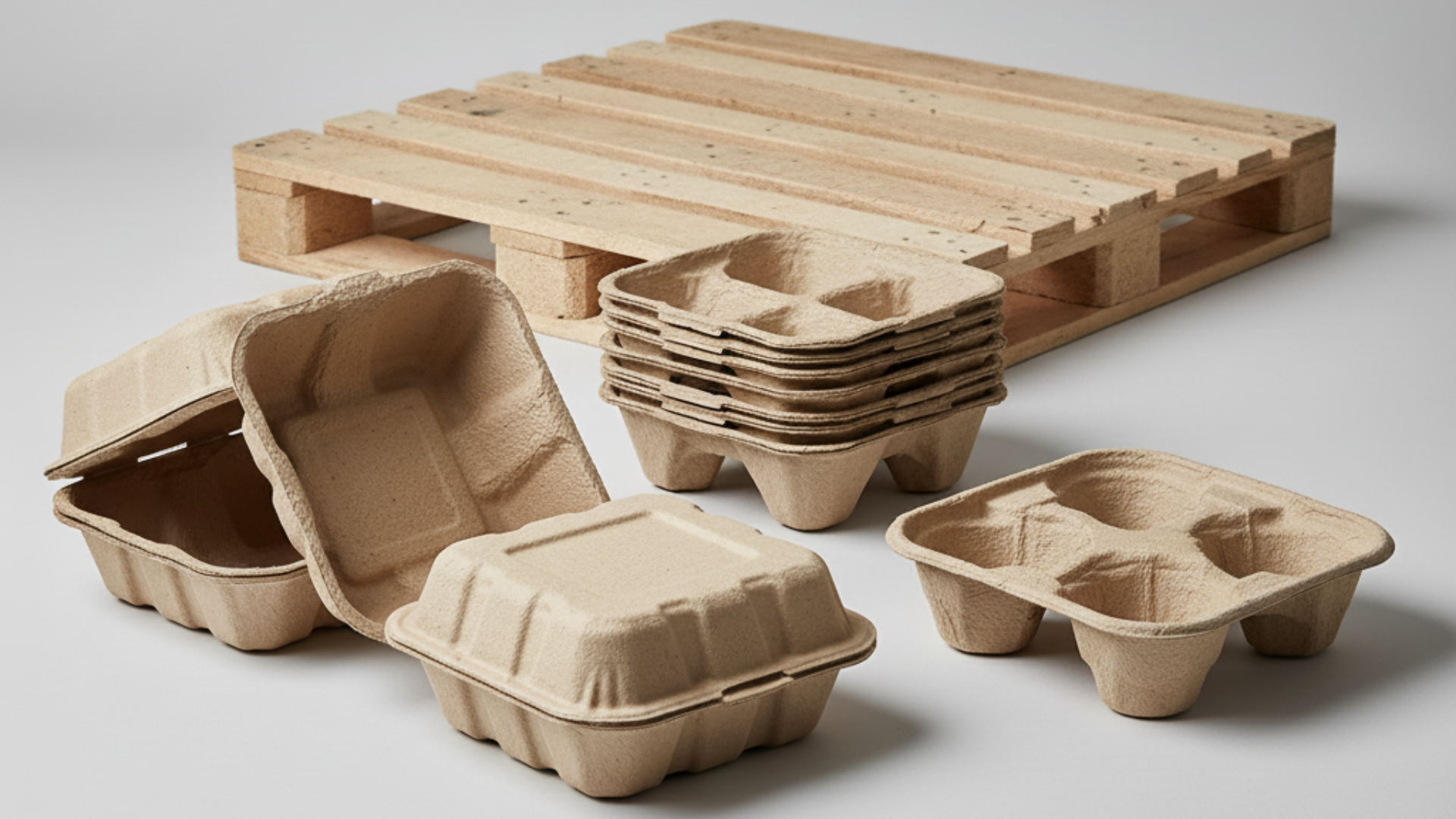 Studio photo of molded pulp packaging items including trays, clamshells, drink carriers, and a small pallet on a neutral background.