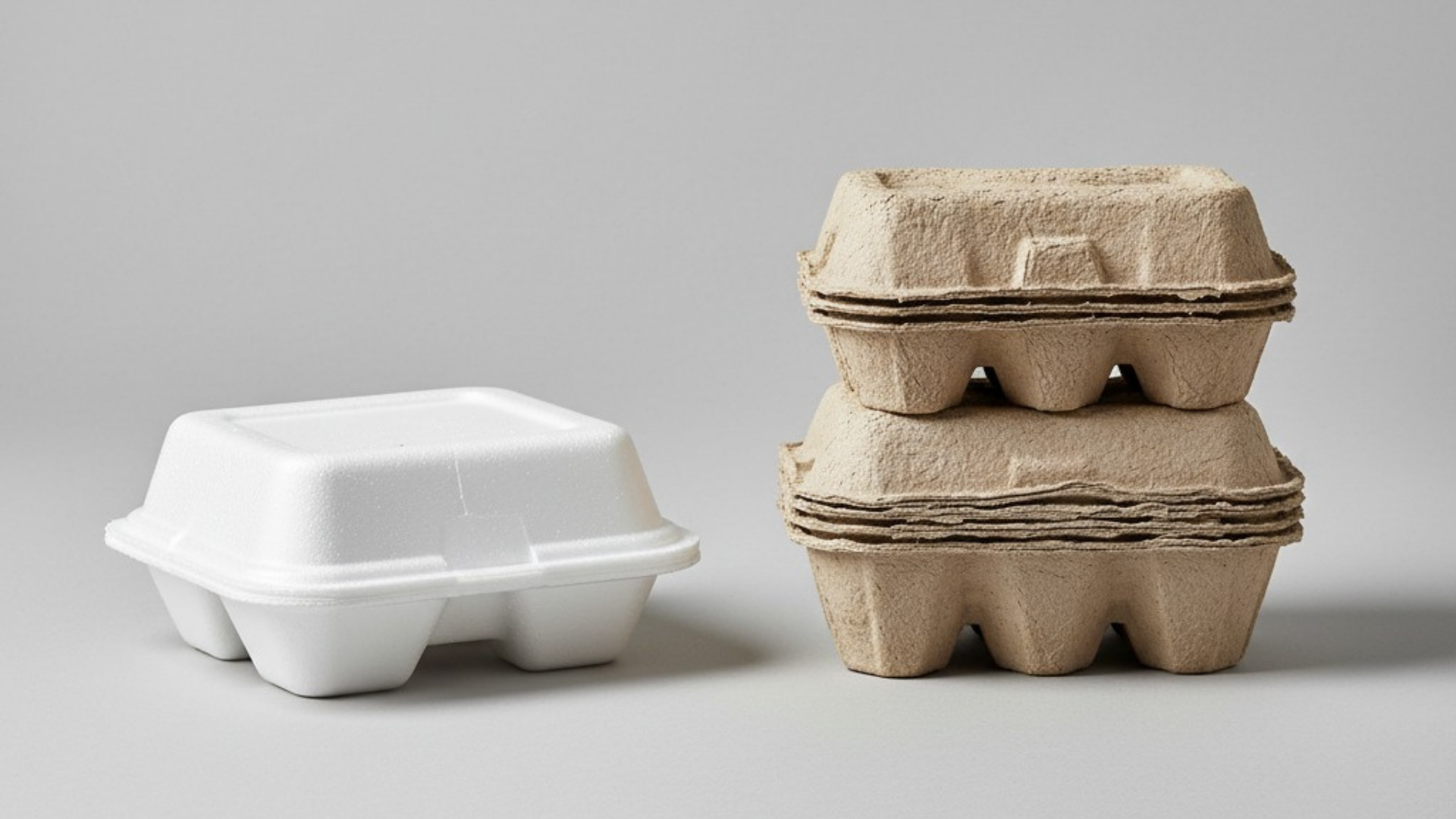 White Styrofoam clamshell container beside a stack of molded pulp fiber clamshells on a neutral background.