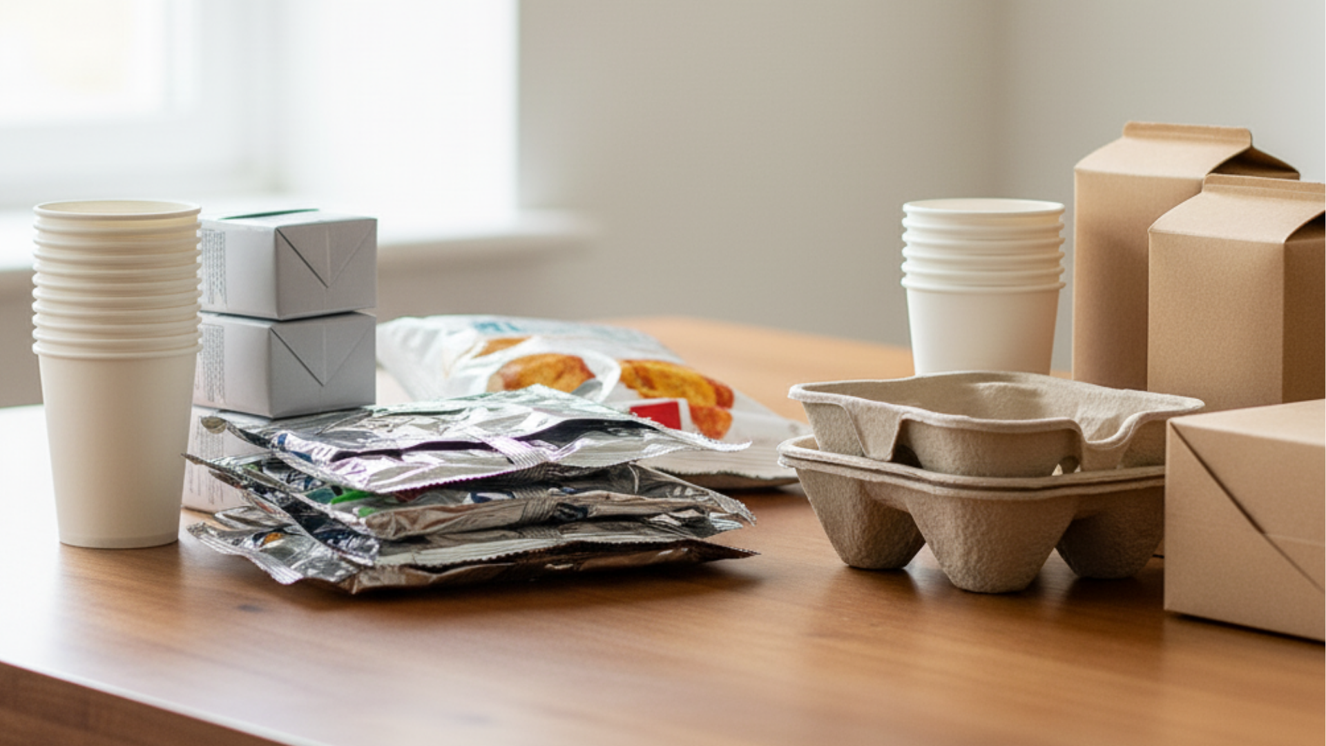 Comparison of mixed-material packaging and mono-material packaging on a wooden table, highlighting recyclability differences.
