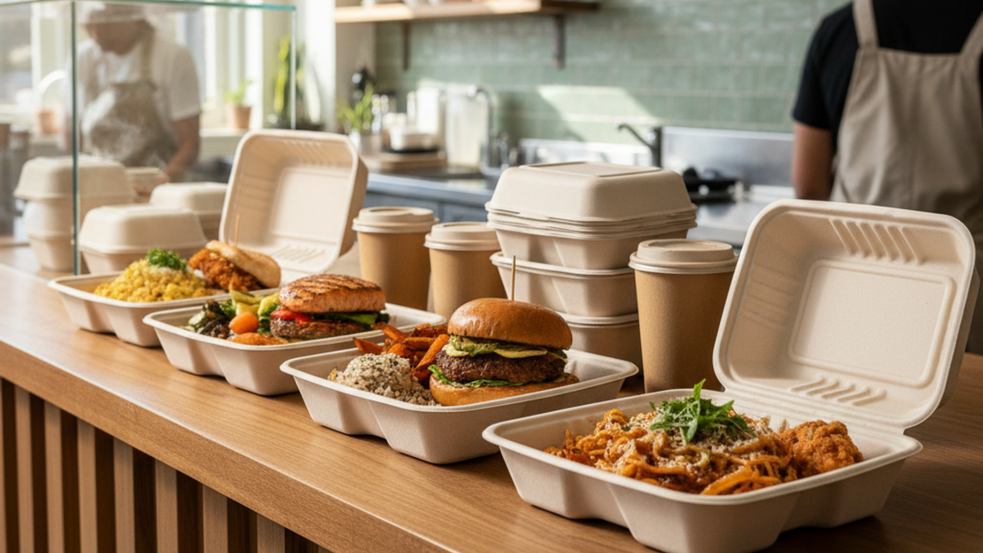 Foodservice counter with molded fiber and bagasse trays used for hot meals, representing PFAS-free packaging options.