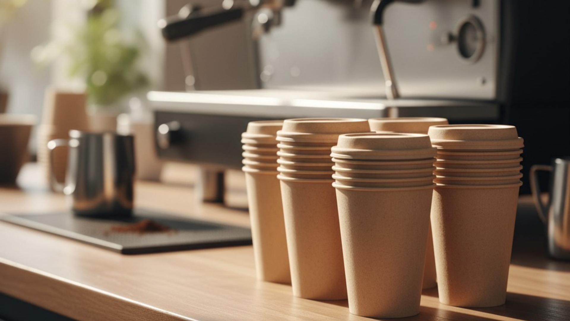 Stack of natural beige PFAS-free paper cups on a café counter with an espresso machine in the background.