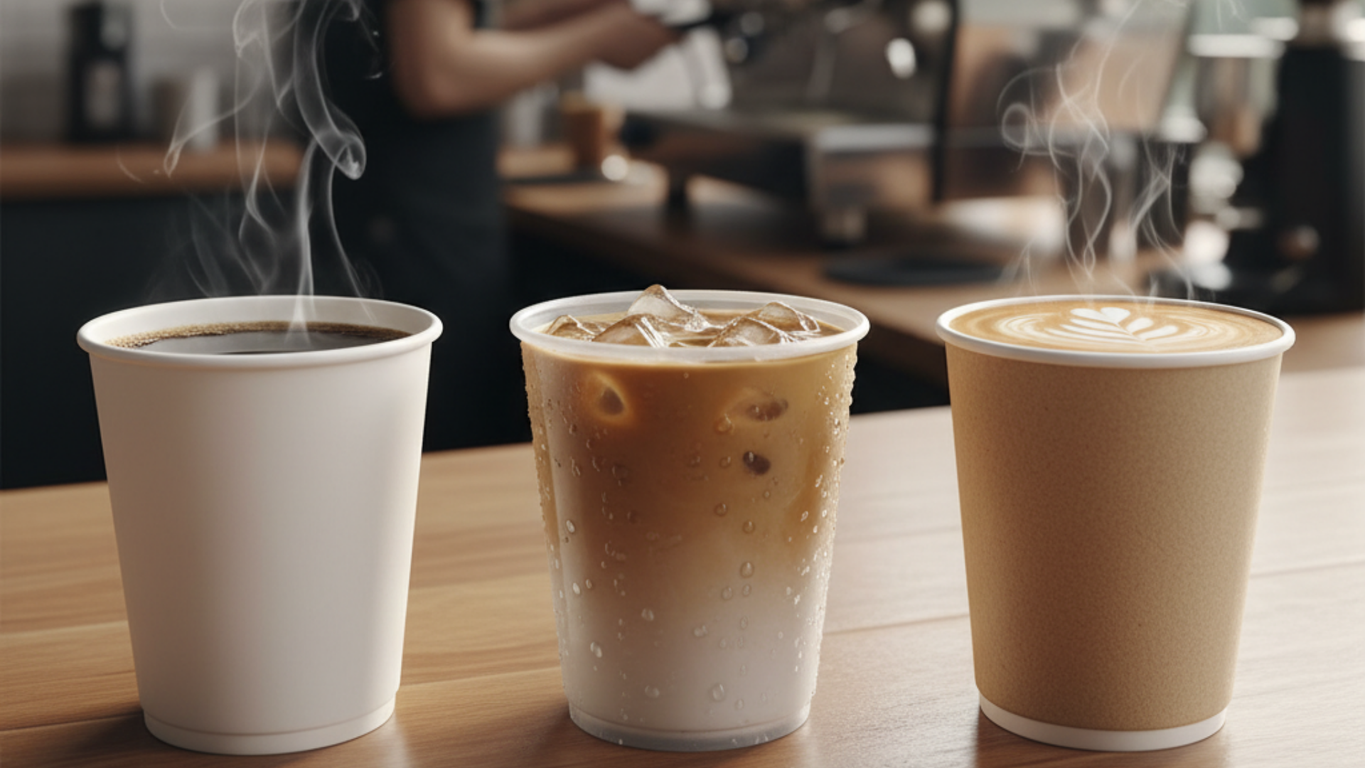 Three paper cups in a café setting showing different coatings: PE-lined with hot coffee, PLA-lined with iced coffee, and aqueous-coated PFAS-free with a latte.