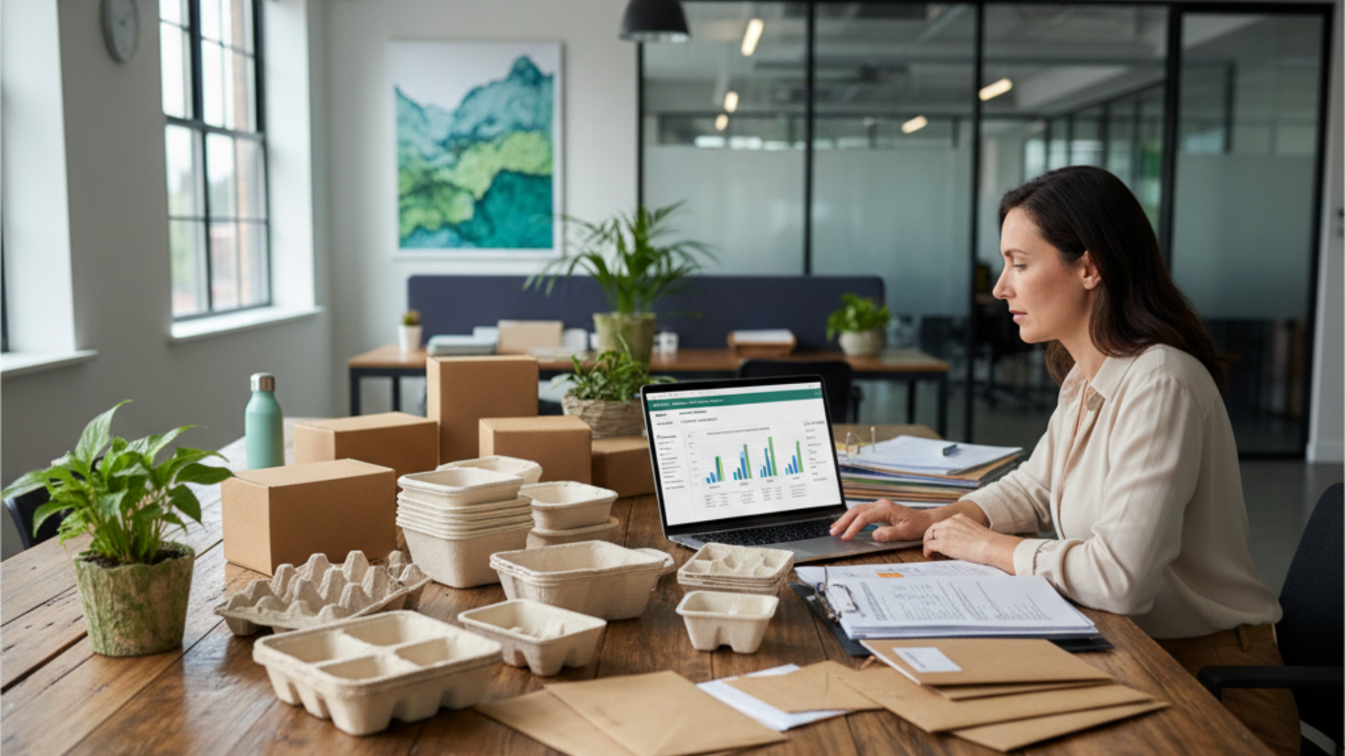 Procurement manager reviewing packaging compliance reports with molded fiber trays and bagasse containers on a desk.