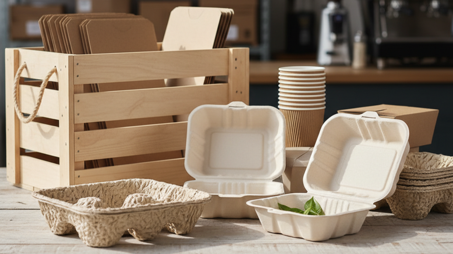 Assorted eco-friendly packaging solutions including molded fiber clamshells, bagasse trays, paper cups, and a reusable wooden crate displayed on a tabletop.